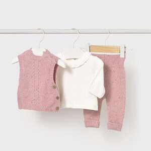 Ensemble gilet 3 pièces en maille nouveau-né - rose