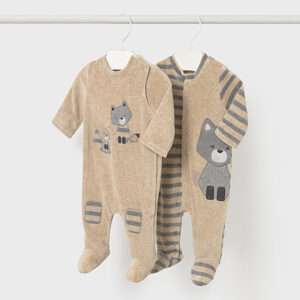 Lot 2 grenouillères en velours nouveau-né - céréale et chat gris