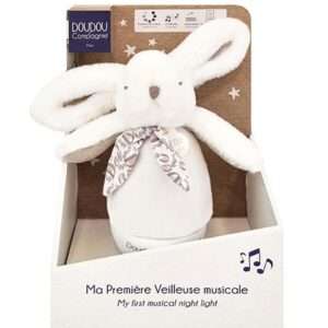 Lapin doudou, veilleuse musicale culbut blanc