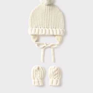 Ensemble bonnet et moufles en tricot nouveau-né- Beige