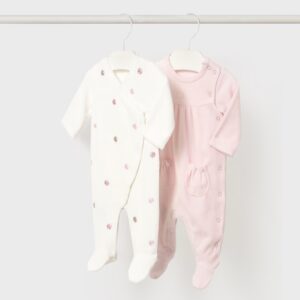 Lot 2 grenouillères en velours nouveau-né - à pois rose