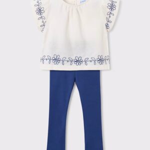 Ensemble legging fleurs brodé bleu