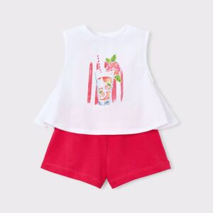 ensemble haut blanc à motif coctail et short rose fuschia