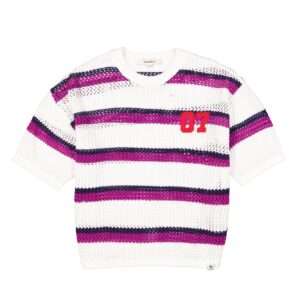 T-shirt manches courtes en mailles violet et blanc